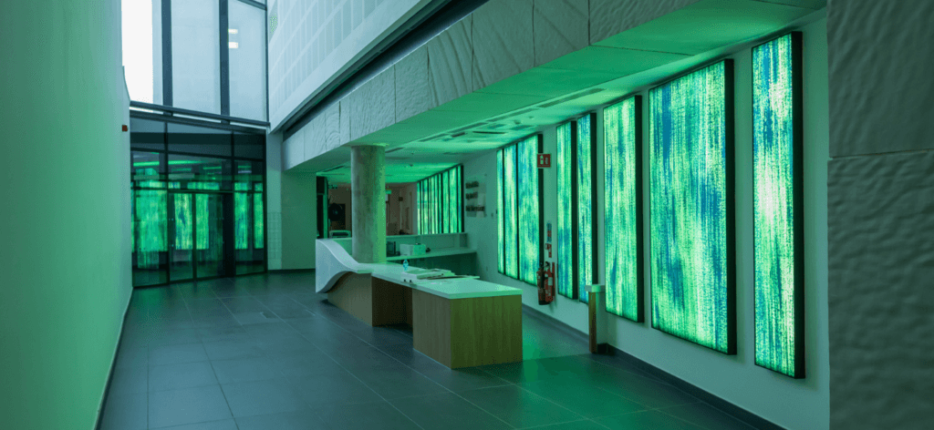 Entrance to the Department of Clinical Neurosciences with green light box panelling