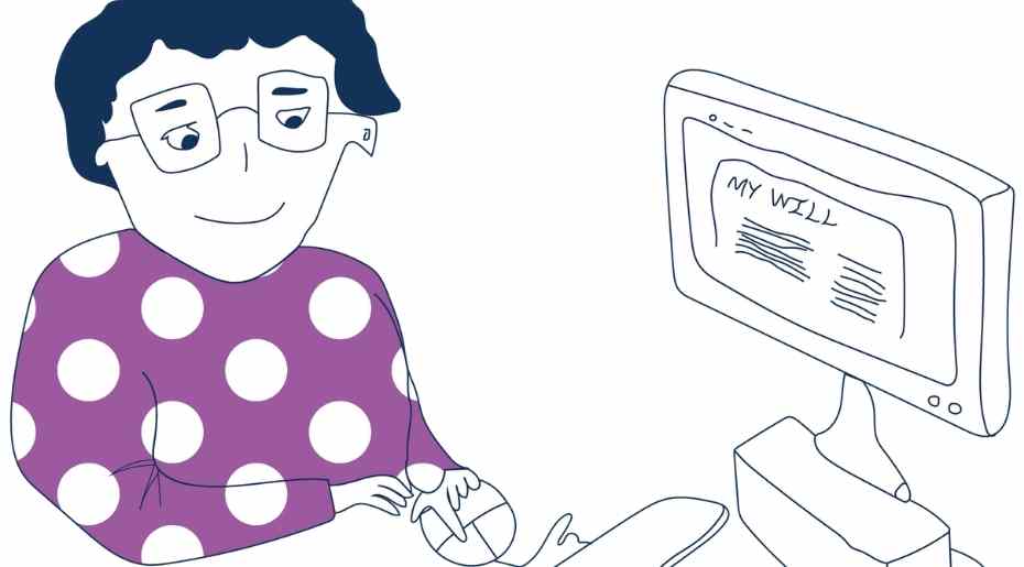 illustration of women looking at free will writing on computer