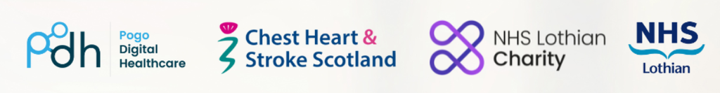 MyTailoredTalks partner logos, Chest Heart and Stroke Scotland, Pogo Digital Healthcare, NHS Lothian, NHS Lothian Charity