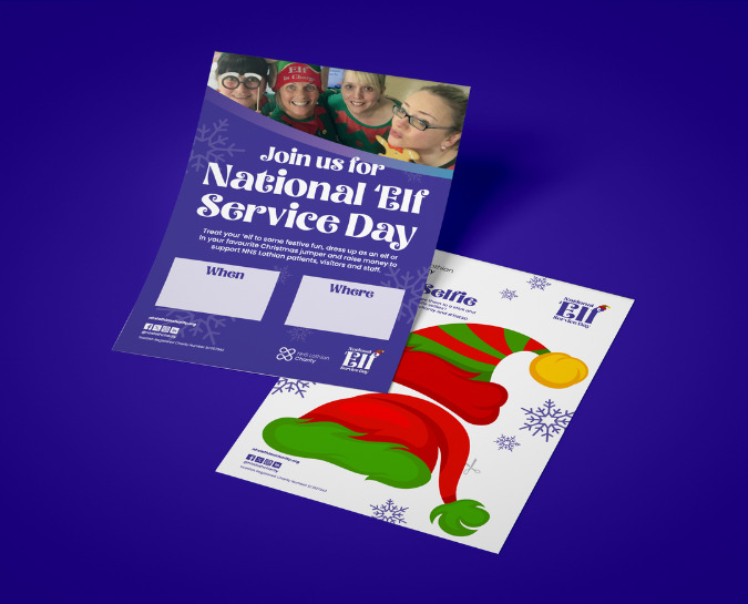 Purple background with an image of two elements from the National 'Elf Service Day pack. One of the event poster and one of the cut out elf hats which can be used for taking selfies