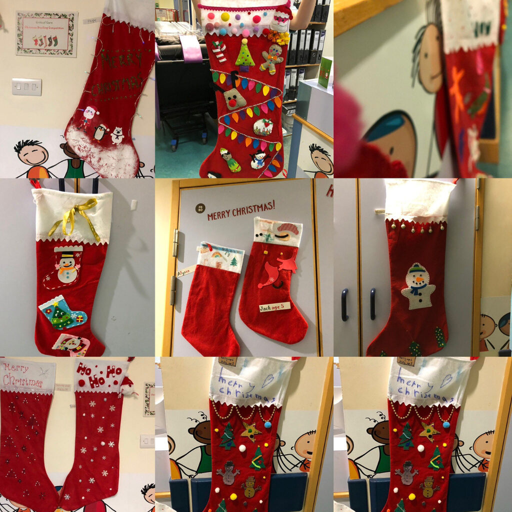 9 images of festive stockings that have been decorated and hung up around the RHCYP PCCU ward.