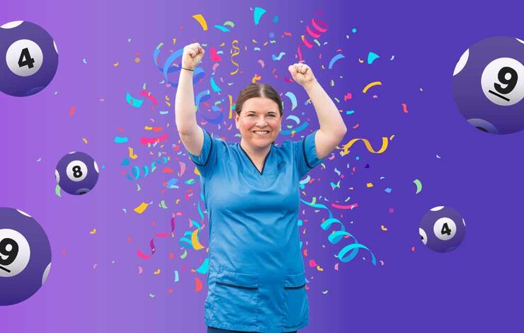 NHS Lothian staff member cheering in front of confetti and lottery balls