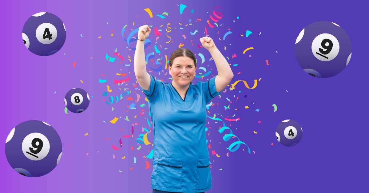 NHS Lothian staff member cheering in front of confetti and lottery balls