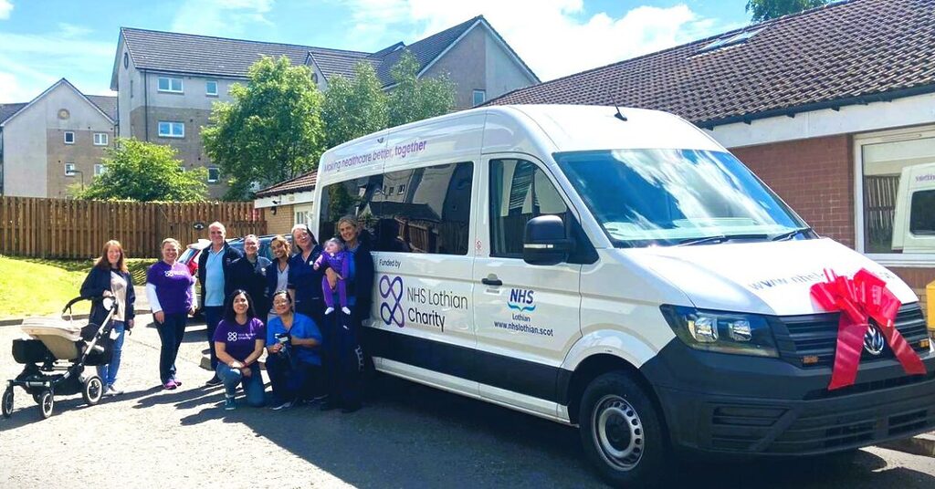 Teams from NHS Lothian Charity and Sunndach and Calareidh standing beside the new adapted minibuses