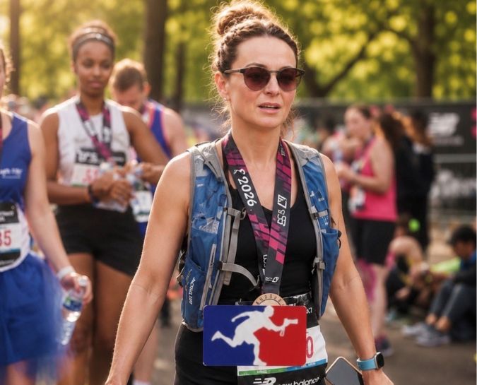 Polly standing at the end of TCS London Marathon with medal