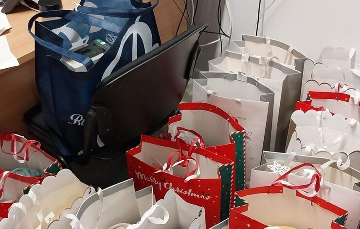 Bags of Christmas presents in an NHS Lothian office waiting to be handed out to patients. Linked to Michele's story