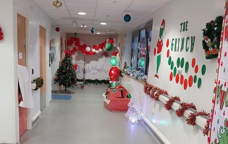 Grinch themed Christmas decorations outside a ward at Midlothian Community Hospital linked to Flora's story