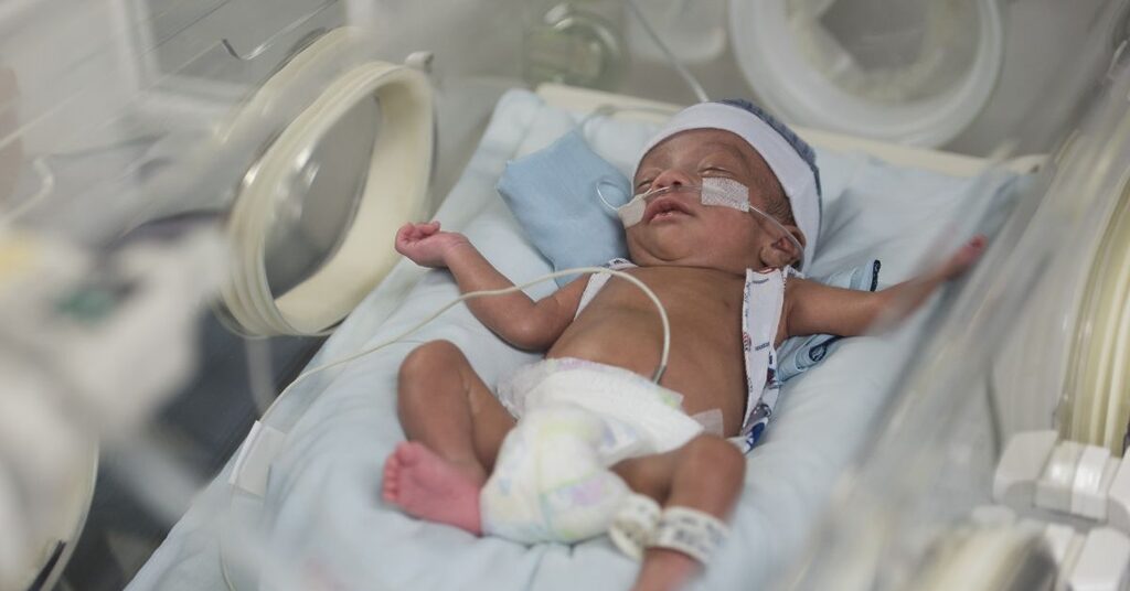 Newborn baby in an incubator