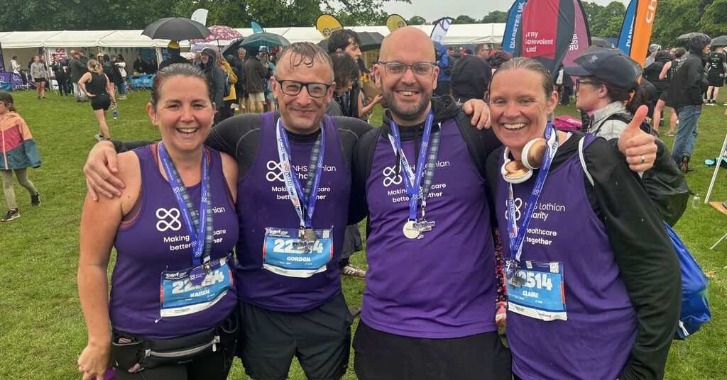 Karen and Gordon Pirrie with friends Claire and Euan Cadger after completing the Hairy Haggis at EMF