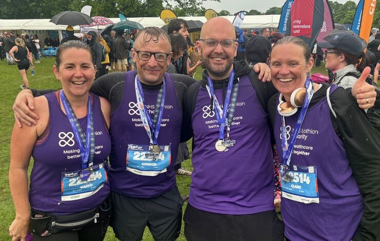 Karen and Gordon Pirrie with friends Claire and Euan Cadger after completing the Hairy Haggis at EMF