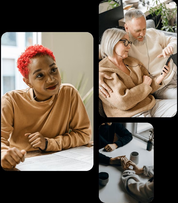 Collage of images, a person with red hair sitting at a table, two people looking at their phone, an image of hands