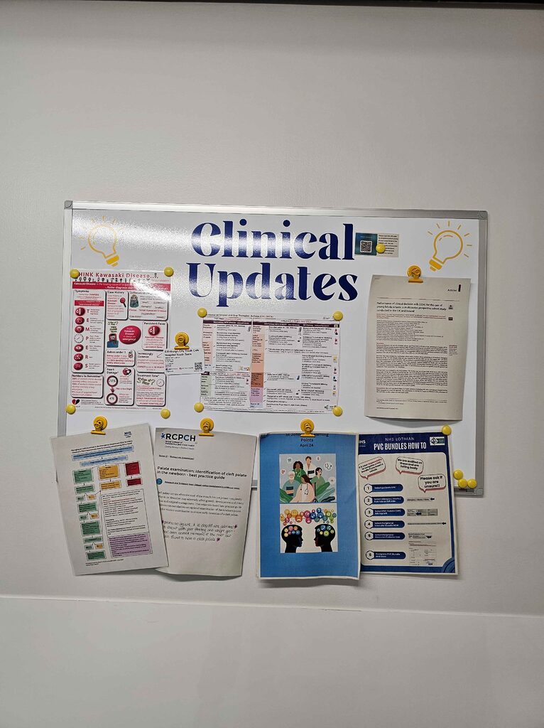 whiteboard with clinical updates in the children's ward hub at St John's Hospital
