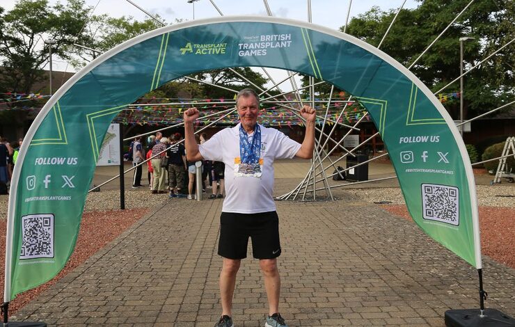 Gordon with his medal haul - Bronze (5Km walk), Bronze (400m), Silver (200m) at the British Transplant Games 2025