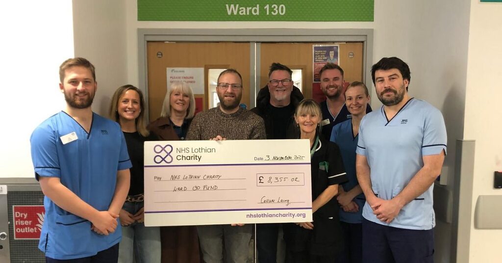 Callum Laing presenting a cheque to ward 130 at the Royal Infirmary of Edinburgh
