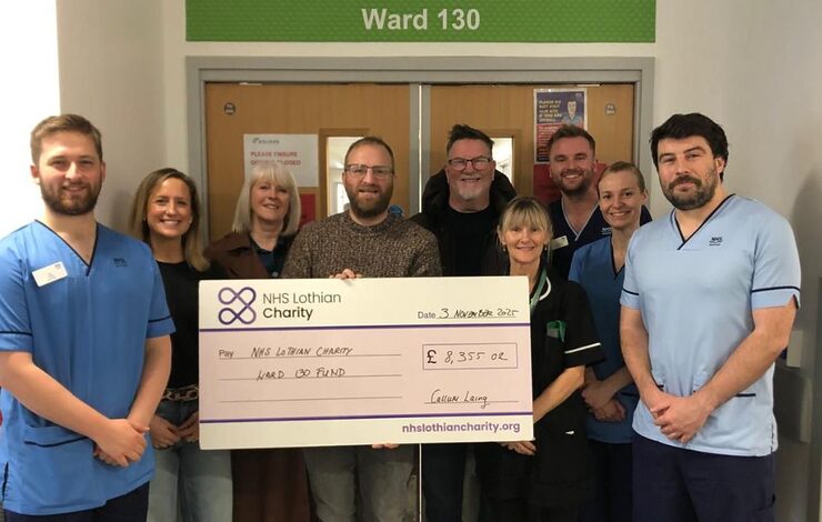 Callum Laing presenting a cheque to ward 130 at the Royal Infirmary of Edinburgh