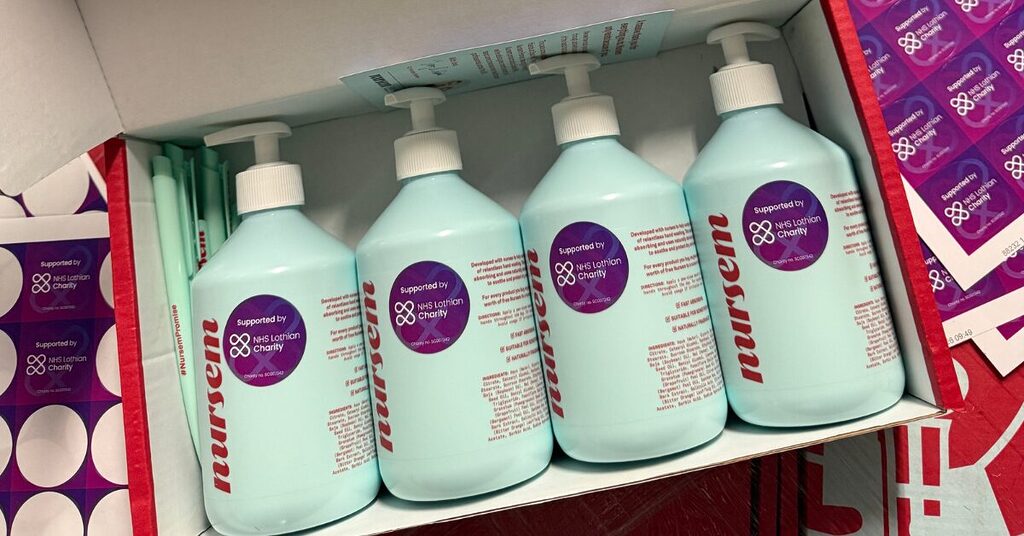 Four bottles of Nursem handcream with a supported by NHS Lothian Charity sticker