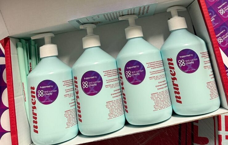 Four bottles of Nursem handcream with a supported by NHS Lothian Charity sticker