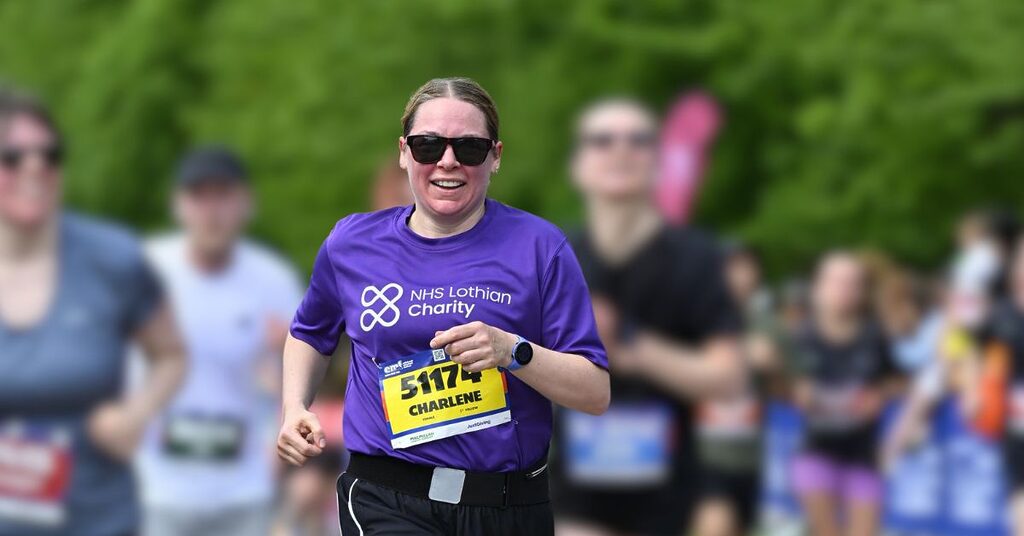 Charlene Kay running the Edinburgh Marathon Festival in her NHS Lothian Charity t-shirt