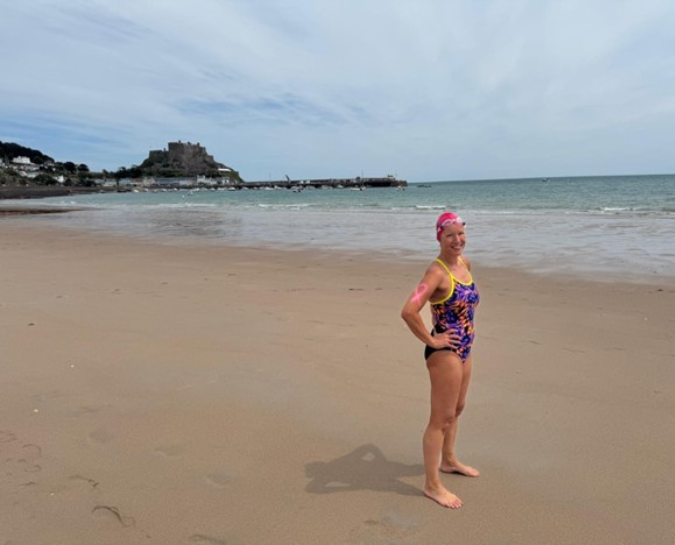 Nicky on the beach before her swim