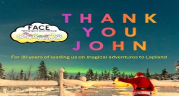 A thank you graphic for John Macauley for his many years supporting the FACE Lapland trip